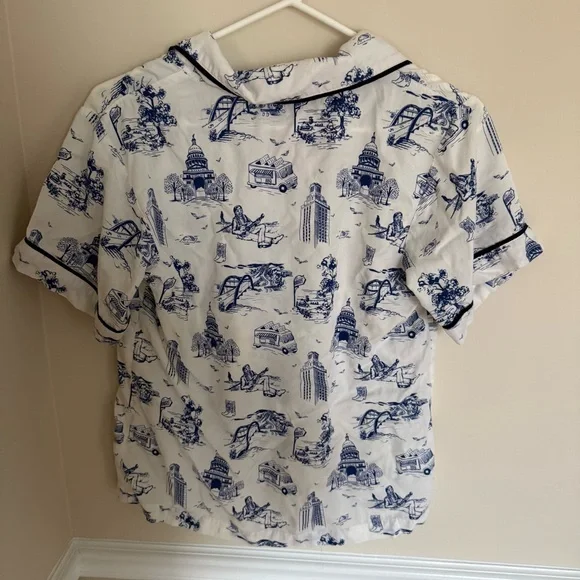 Blue Katie Kime XS Austin Texas Print Toile Short Sleeve 100% Cotton Pajama Top - Picture 4 of 7